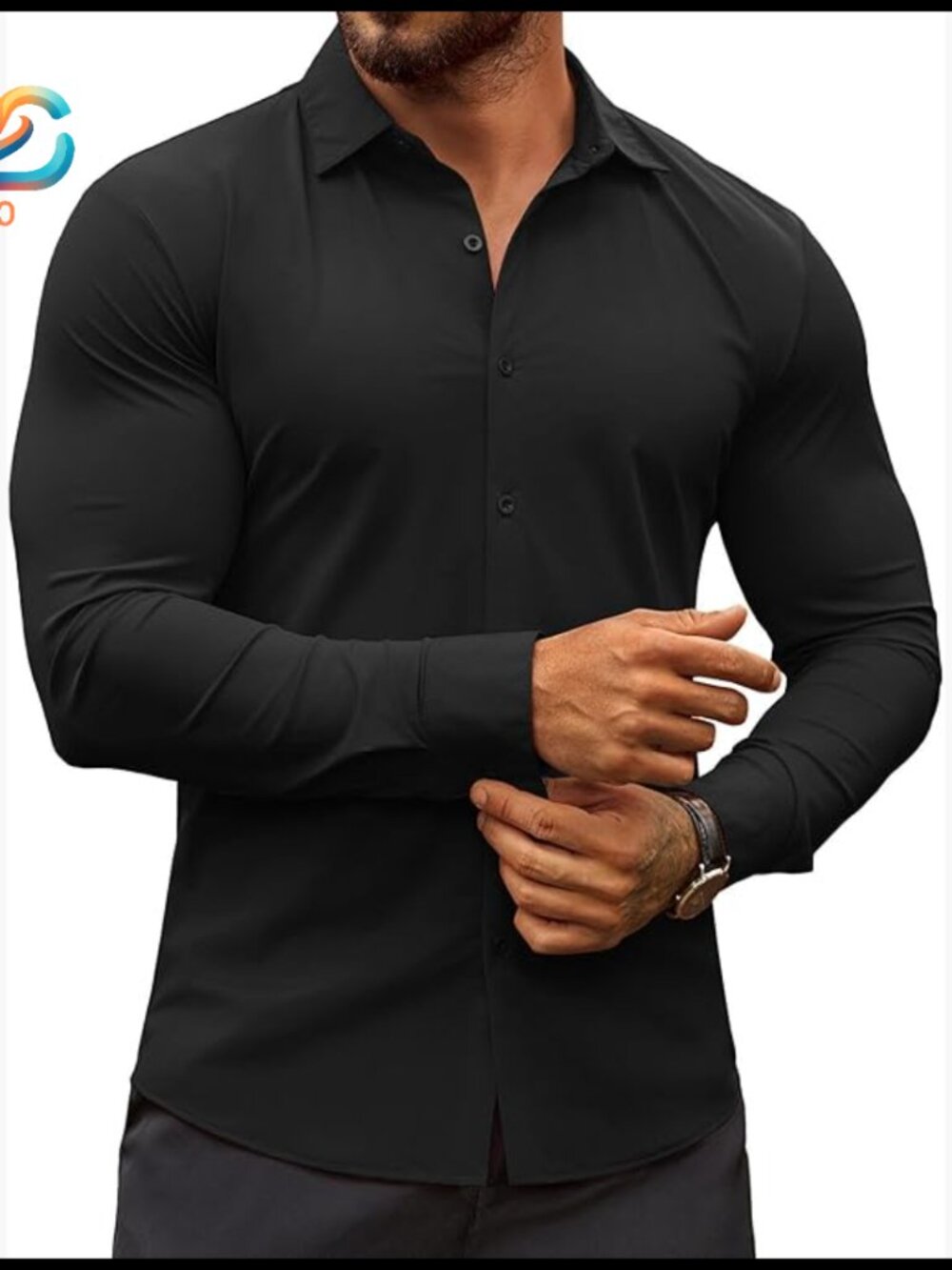 Large Men's Stretch Muscle Fit Dress Shirt Wrinkle-Free Long Sleeve